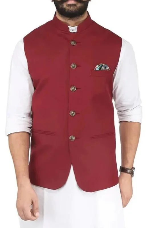 Men Half Nehru Jacket Style Maroon Formal Jacket Wedding Outwear Perfect Traditional Jacket For Men's Men Half Nehru Jacket Style Maroon Formal Jacket Wedding Outwear Perfect Traditional Jacket For Men's