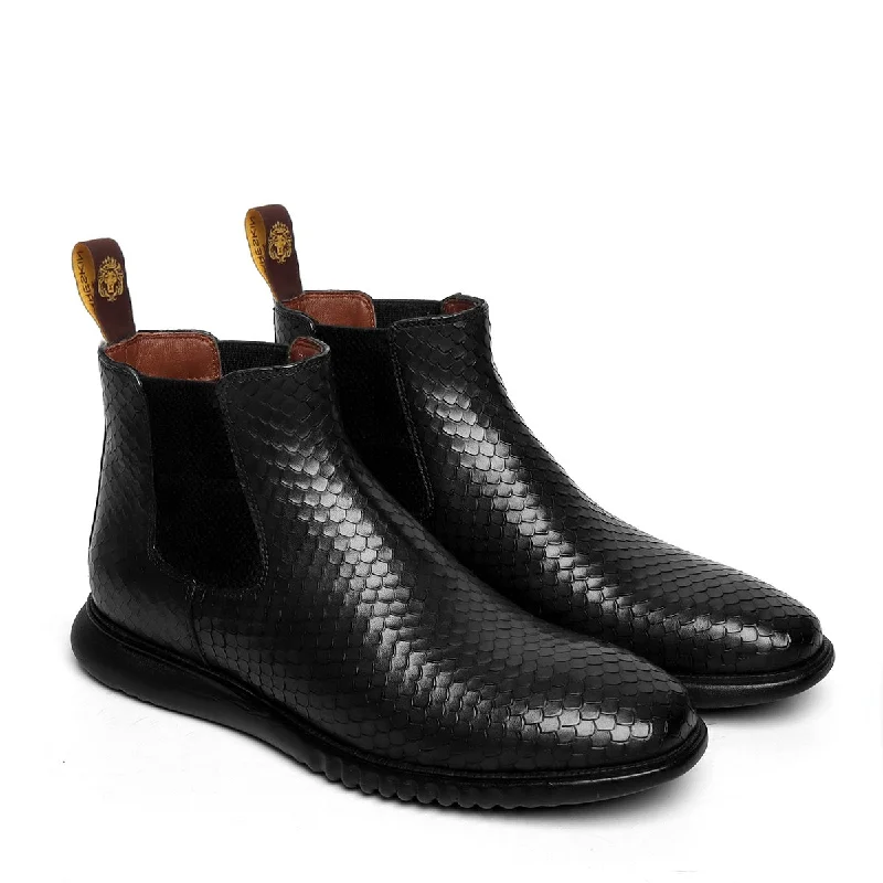 Black Snake Skin Textured Leather Chelsea Boot with Hand scaling and Light weight sole by Brune & Bareskin Black Snake Skin Textured Leather Chelsea Boot with Hand scaling and Light weight sole by Brune & Bareskin