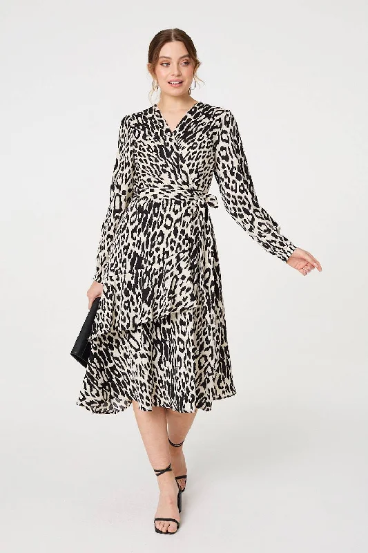 Animal Print Ruffled Midi Wrap Dress