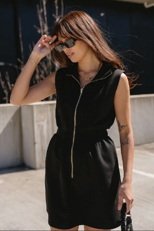 Serena Black Zip-Front Sleeveless Mini Dress