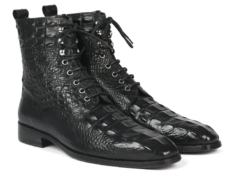 Paul Parkman Men's Croco-Embossed Leather Lace-Up Boots in Black