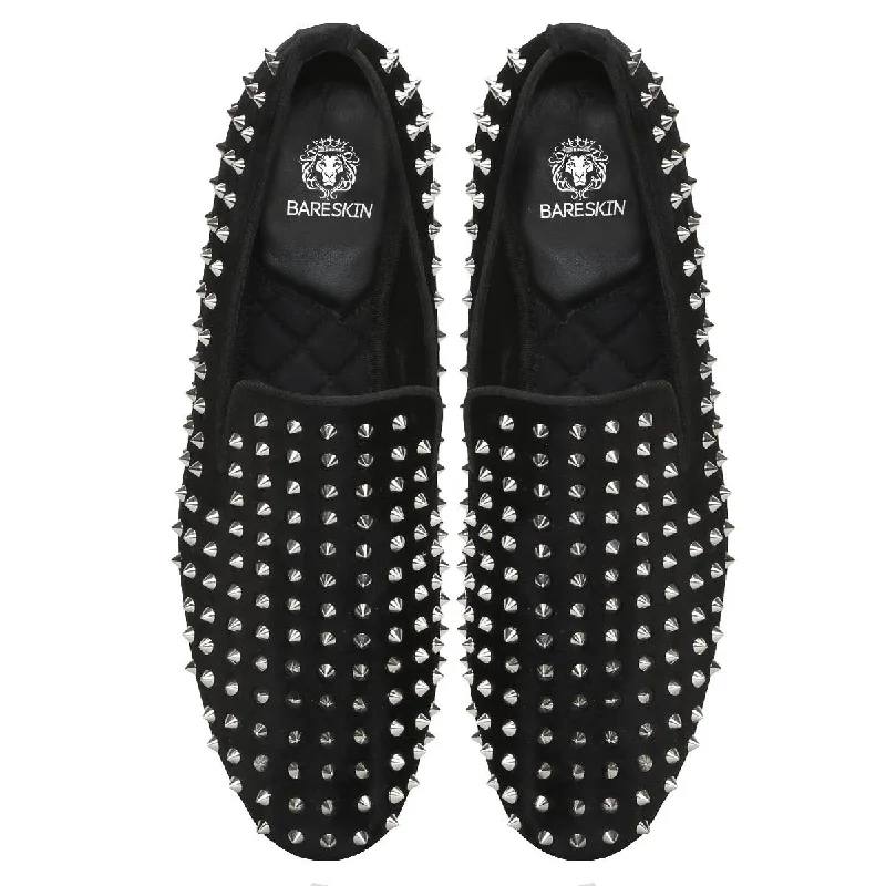 Shiny Nickle Stud Black Velvet Slip-Ons