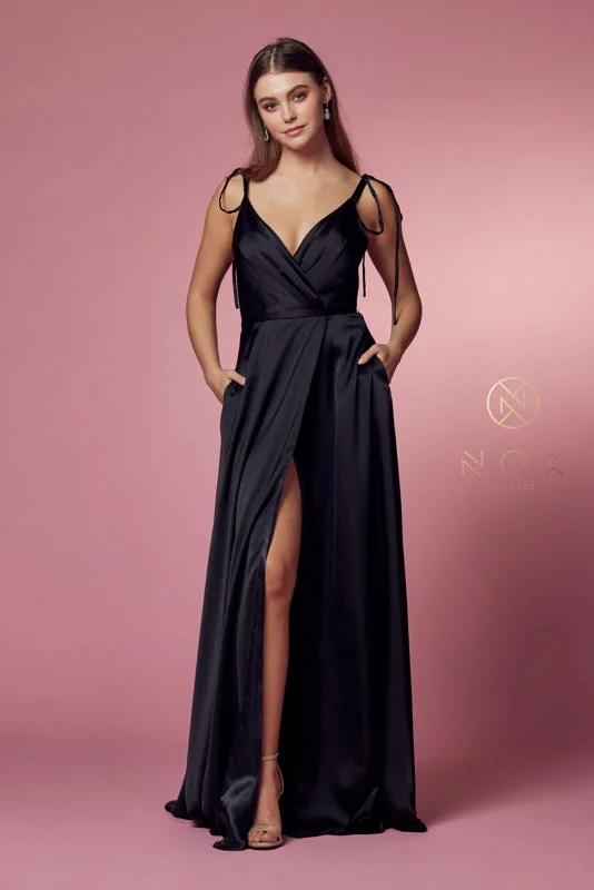 NOX ANABEL R1029 Tie Strap Satin V-Neck Prom Dress