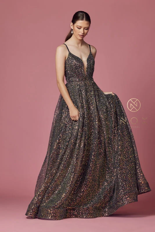 NOX ANABEL R1030 Iridescent Glitter V-Neck Sequin Gown