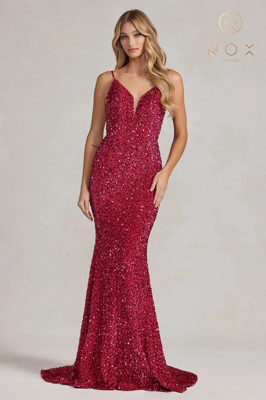 NOX ANABEL R1071 V-Neck Mermaid Sequin Evening Dress