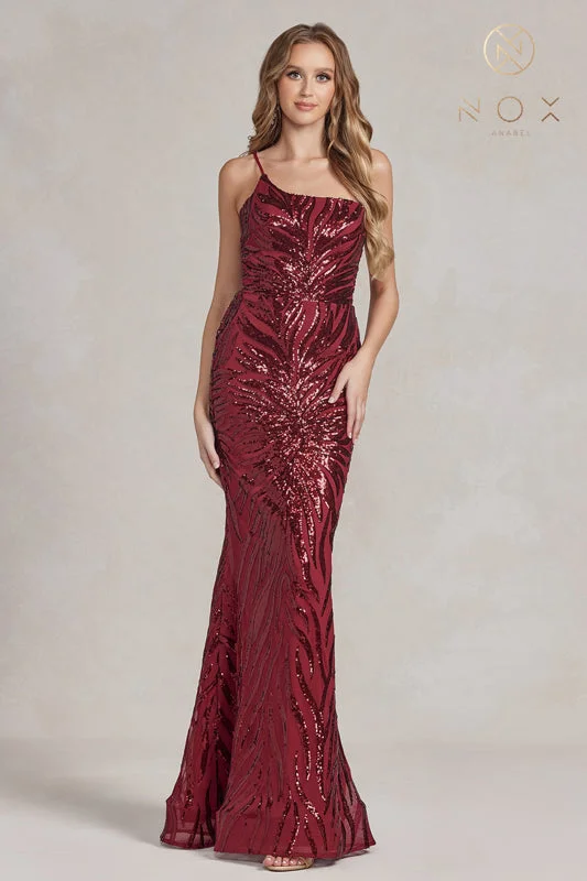 NOX ANABEL R1204 One Shoulder Slit Print Sequin Gown