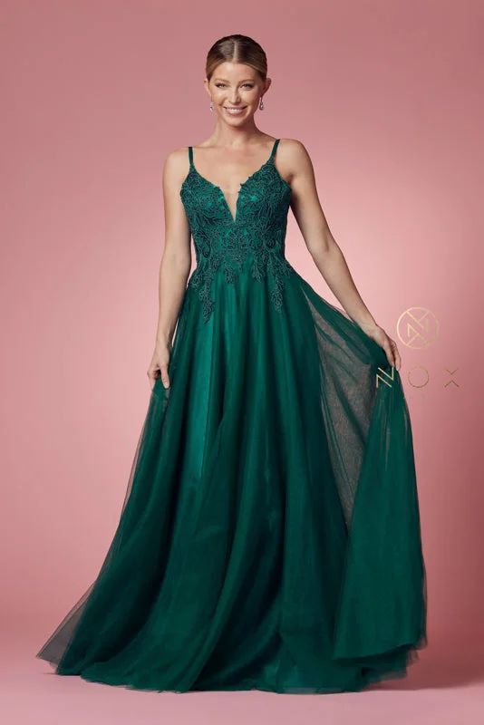NOX ANABEL R357 Embroidered Bodice V-Neck Tulle Dress