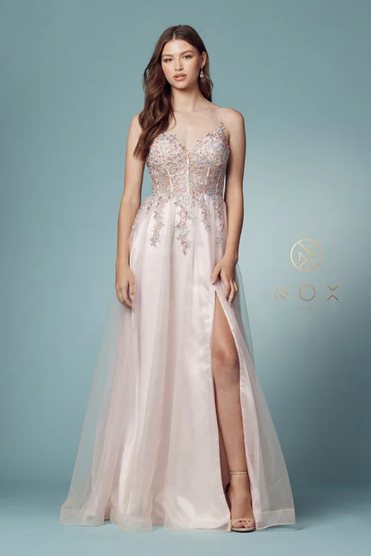 NOX ANABEL S1015 Floral Applique V-Neck Corset Gown