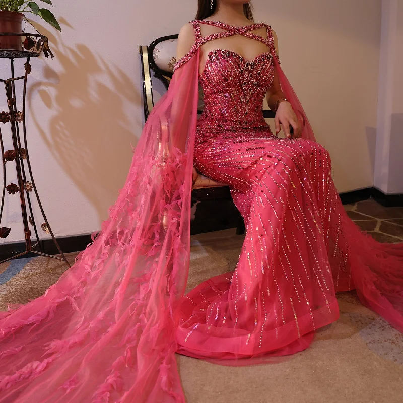 Luxury Fuchsia Mermaid Evening Dress with Cape Sleeves SS468