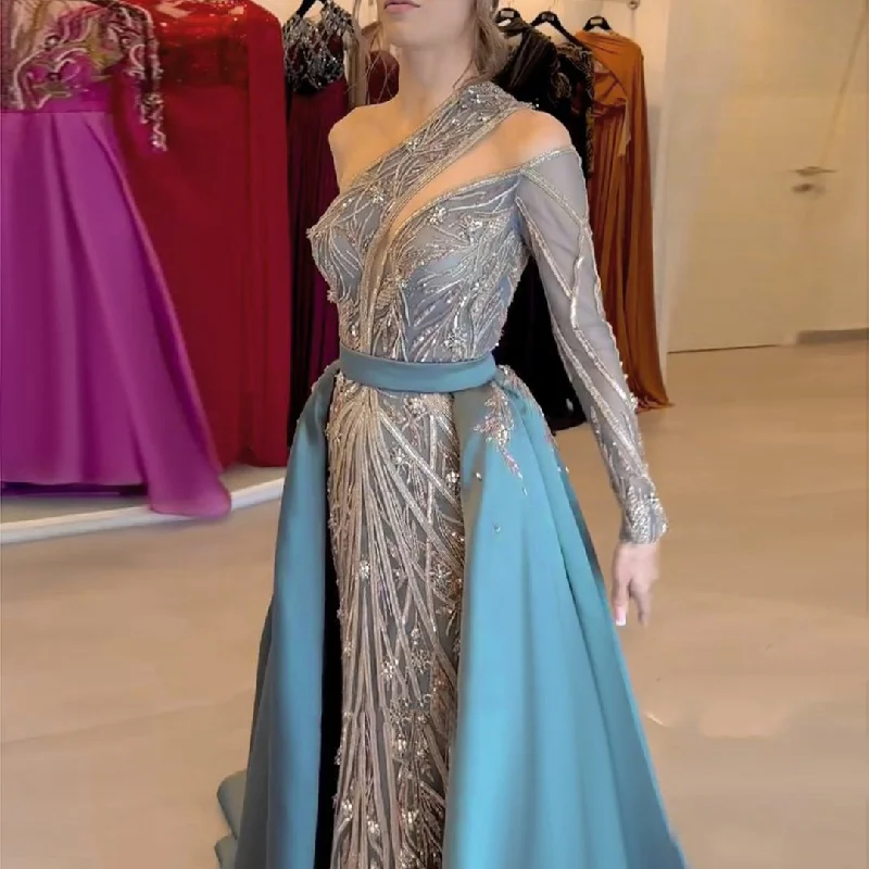 Luxury Turquoise One-Shoulder Evening Dress with Overskirt SS307