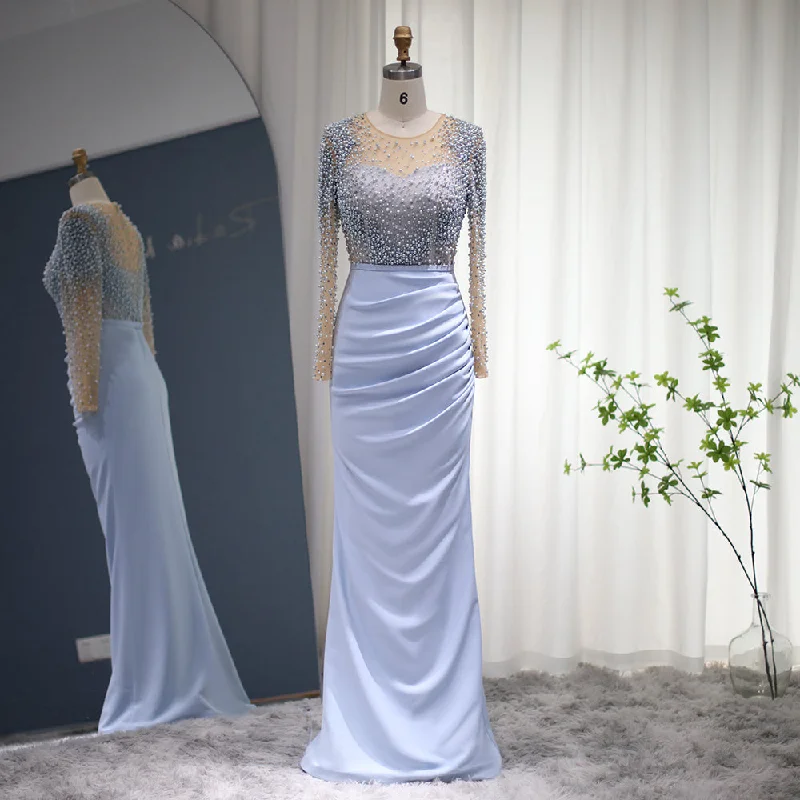 For Sale Blue Pearls Long Sleeves Mermaid Evening Dress SS272