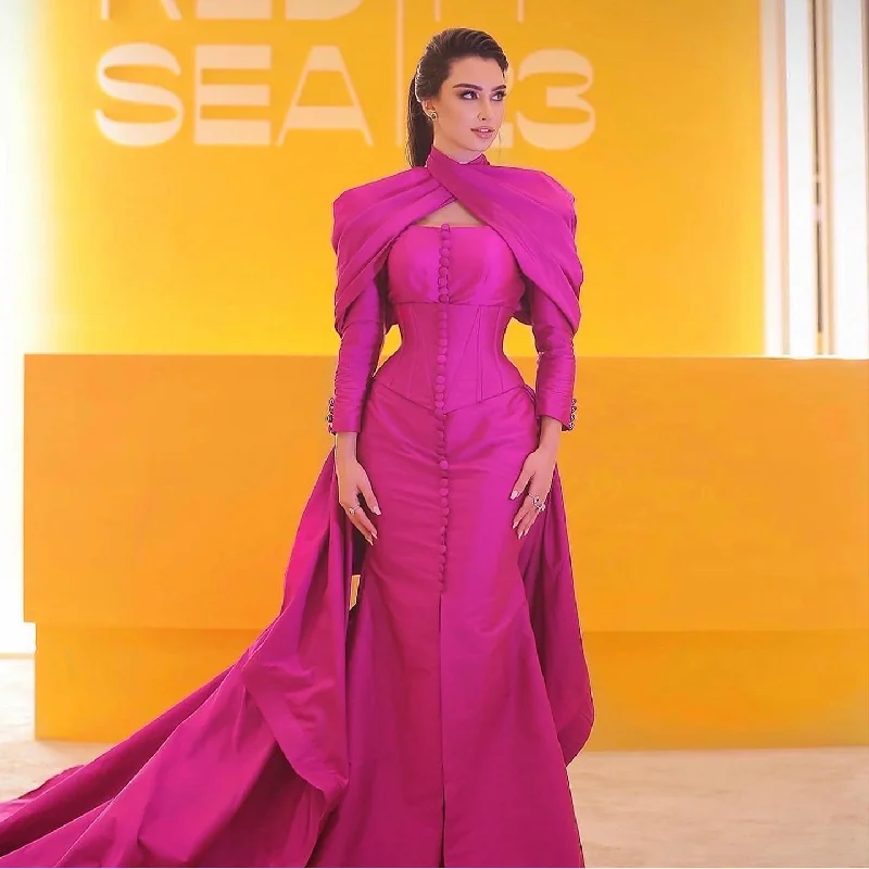 Fuchsia Mermaid Evening Dress with Overskirt Corset Long Sleeves SF030