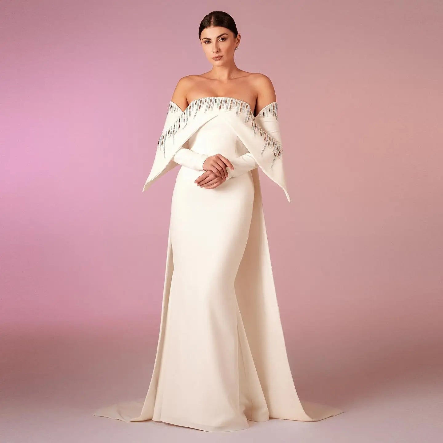Elegant White Off Shoulder Long Sleeves Evening Dress with Cape SF008